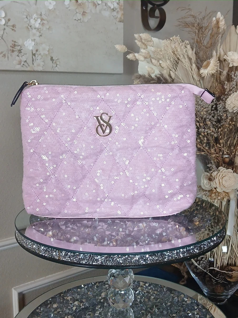 Victoria's Secret Pink Quilted Sequin Pouch Clutch Travel Glam Makeup Bag